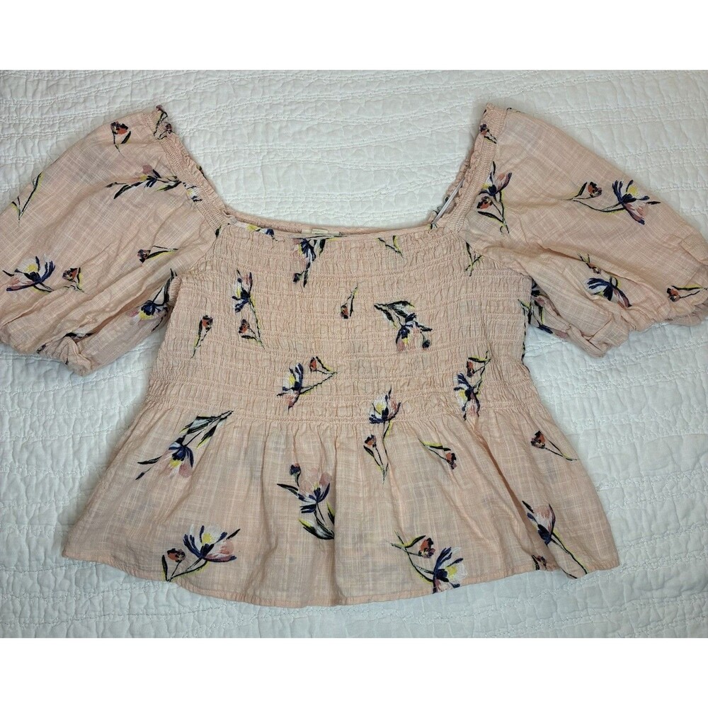 a.n.a pink puff sleeve smocked blouse watercolor floral Size PM cottage romantic